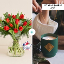 Fleurs et cadeaux Tulipes et sa bougie surprise de Noël
