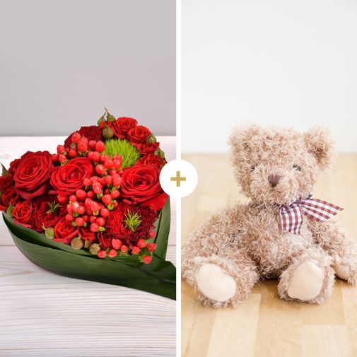Bouquet de roses Cupidon et son ourson Harry