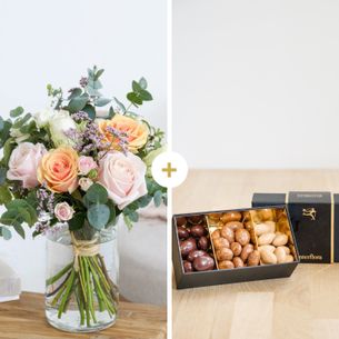 Bouquet de roses Délicatesse et ses amandes au chocolat Cadeau Naissance