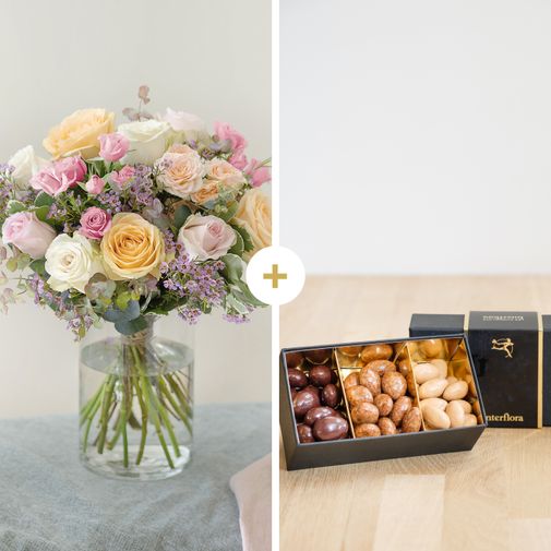 Bouquet de roses Délicatesse et ses amandes au chocolat