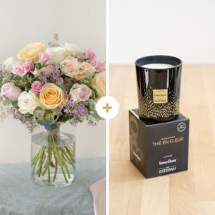 Bouquet de roses Délicatesse et sa bougie parfumée Esteban