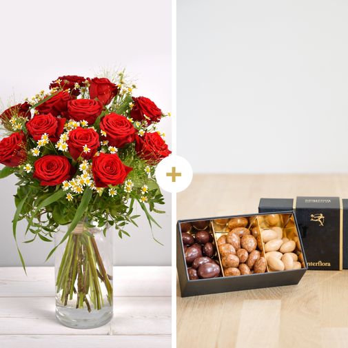 Bouquet de roses Rouge idylle et ses amandes au chocolat