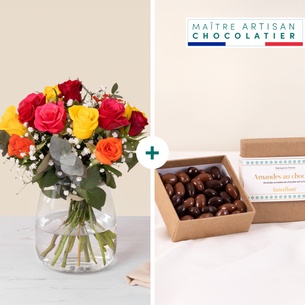Fleurs et cadeaux Bouquet de roses multicolores et ses amandes au chocolat Fleurs et cadeaux Bouquet de roses multicolores et ses amandes au chocolat