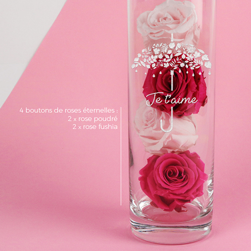 Fleurs et cadeaux Roses éternelles et leur vase gravé personnalisable