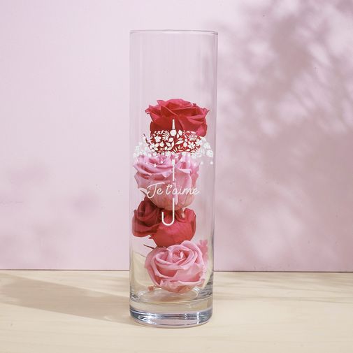 Fleurs et cadeaux Roses éternelles et leur vase gravé personnalisable