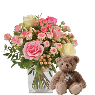 Bouquet de roses Vanille fraise et son ourson Harry ourson