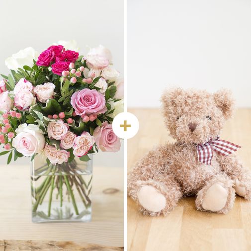 Bouquet de roses Vanille fraise et son ourson Harry