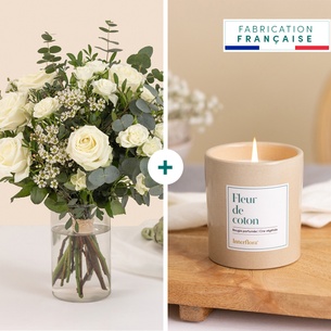 Bouquet de fleurs Vert coton et sa bougie parfumée Bouquet de fleurs Vert coton et sa bougie parfumée