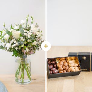 Bouquet de fleurs Paradis blanc et ses amandes au chocolat Fleurs et gourmandises
