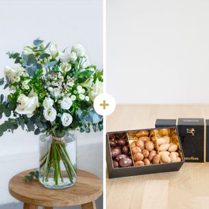 Bouquet de fleurs Paradis blanc et ses amandes au chocolat Cadeau Mariage