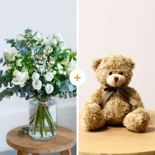 Bouquet de fleurs Paradis blanc et son ourson Harry