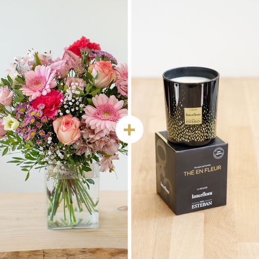 Bouquet de fleurs Rosalie et sa bougie parfumée Estéban