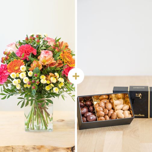 Bouquet de fleurs Tutti frutti et ses amandes au chocolat