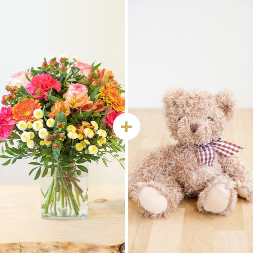 Bouquet de fleurs Tutti frutti et son ourson Harry