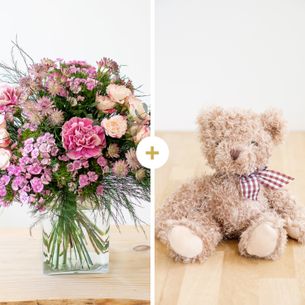 Bouquet de fleurs Velours et son ourson Harry Cadeau Naissance