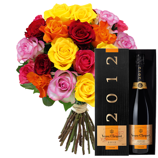 Fleurs et cadeaux Brassée de 20 roses et son champagne Veuve Clicquot