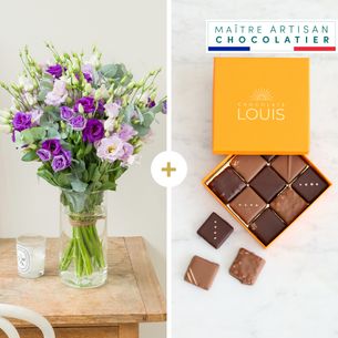 Fleurs et cadeaux Brassée de lisianthus parme et ses chocolats Félicitations