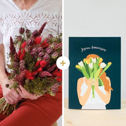Fleurs et cadeaux Lovely Carmin et sa carte Joyeux Anniversaire