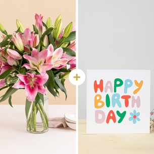 Fleurs et cadeaux Brassée de lys et sa carte message Joyeux anniversaire Fleurs et cadeaux Brassée de lys et sa carte message Joyeux anniversaire