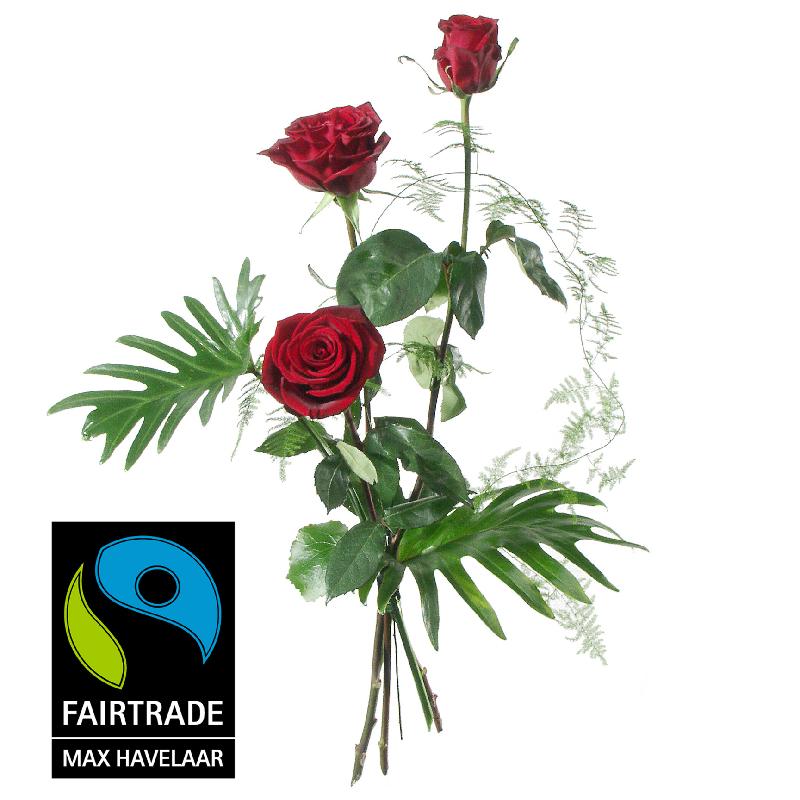 Bouquet de fleurs 3 Red Fairtrade Max Havelaar-Roses, medium stem with greener
