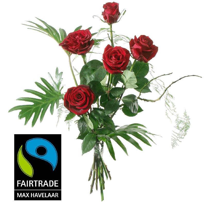 Bouquet de fleurs 5 Red Fairtrade Max Havelaar-Roses, medium stem with greener