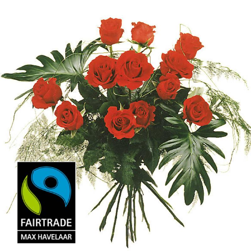 Bouquet de fleurs 12 Red Fairtrade Max Havelaar-Roses, medium stem with greene