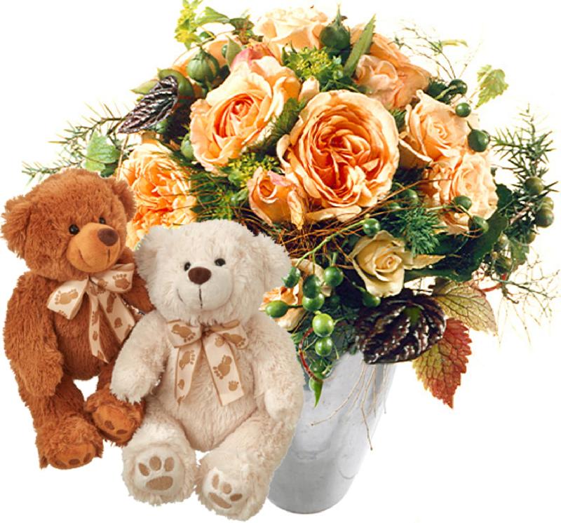 Bouquet de fleurs Delicate Rose Bouquet with two teddy bears (white & brown)