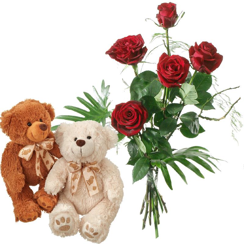 Bouquet de fleurs For my Little Bear, with two teddy bears (white & brown)