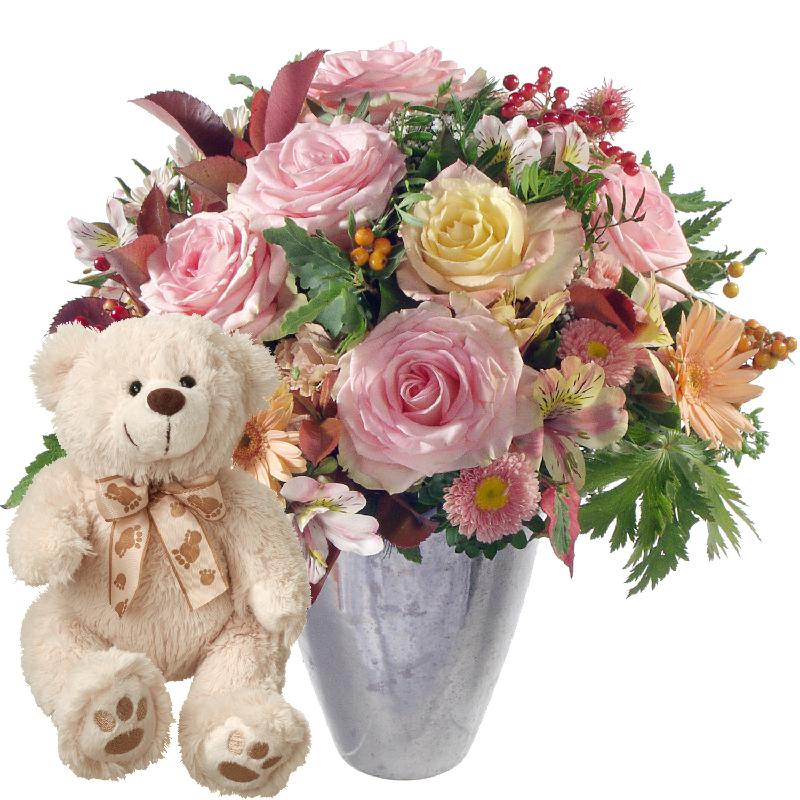 Bouquet de fleurs Summer Romance with teddy bear (white)