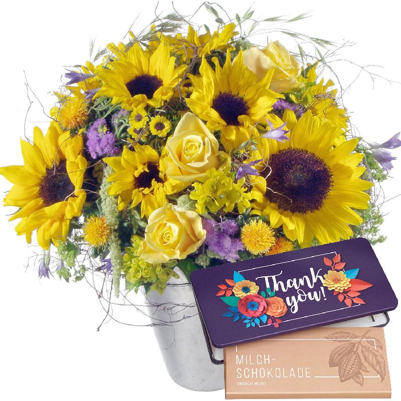Bouquet de fleurs Let the Sunshine in with bar of chocolate “Thank you“