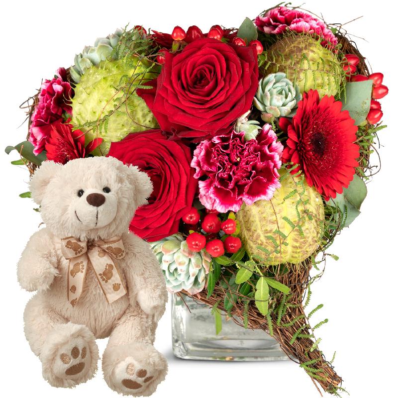 Bouquet de fleurs Only for You, with teddy bear (white)