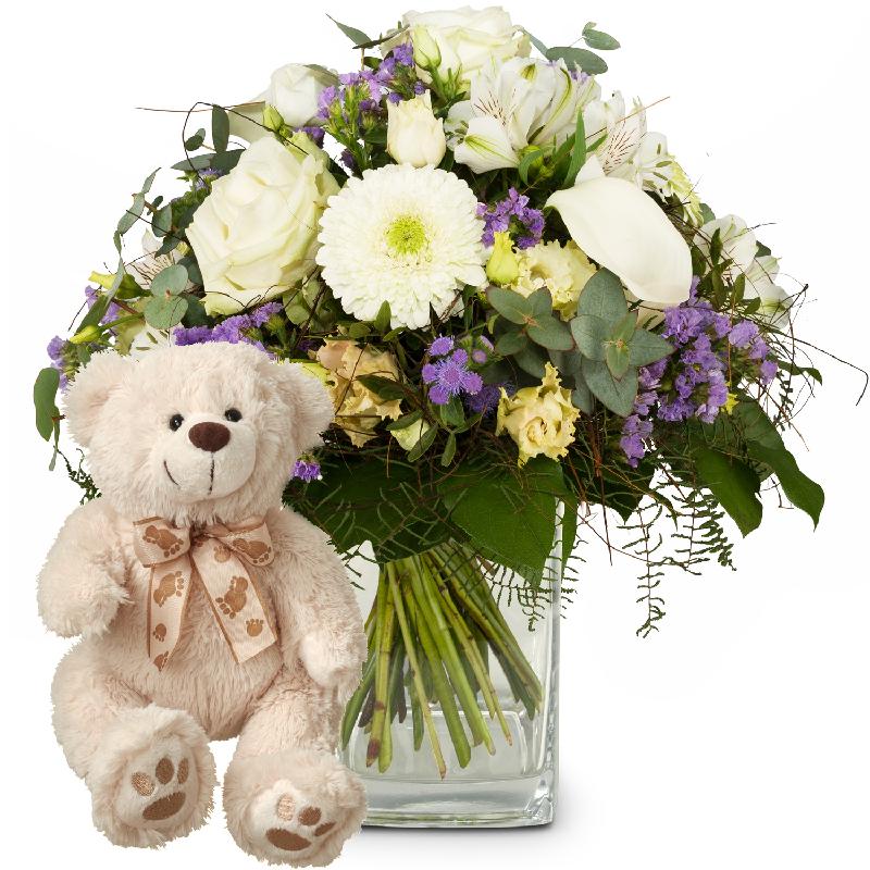 Bouquet de fleurs Simply Heavenly ... with teddy bear (white)