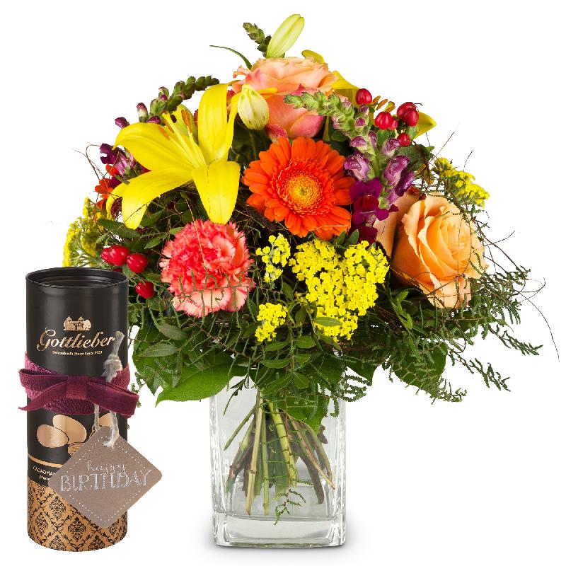 Bouquet de fleurs Summer Star with Gottlieber cocoa almonds and hanging gift t