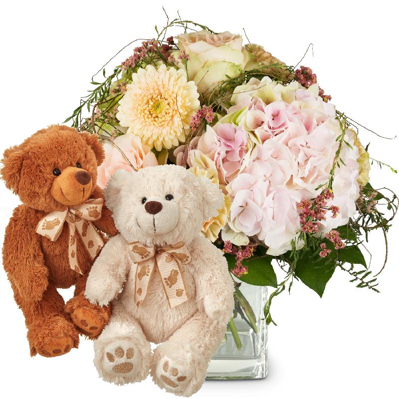 Bouquet de fleurs Romantic Hydrangea Bouquet with two teddy bears (white & bro