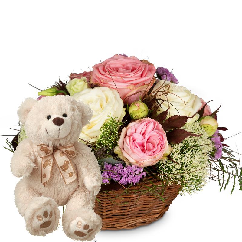 Bouquet de fleurs A Basket full of Poetry with Roses with teddy bear (white)
