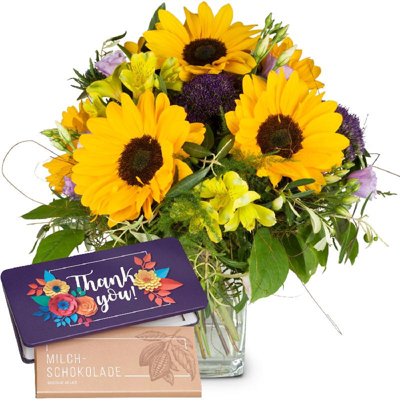 Bouquet de fleurs Let the Sunshine in with bar of chocolate «Thank you»