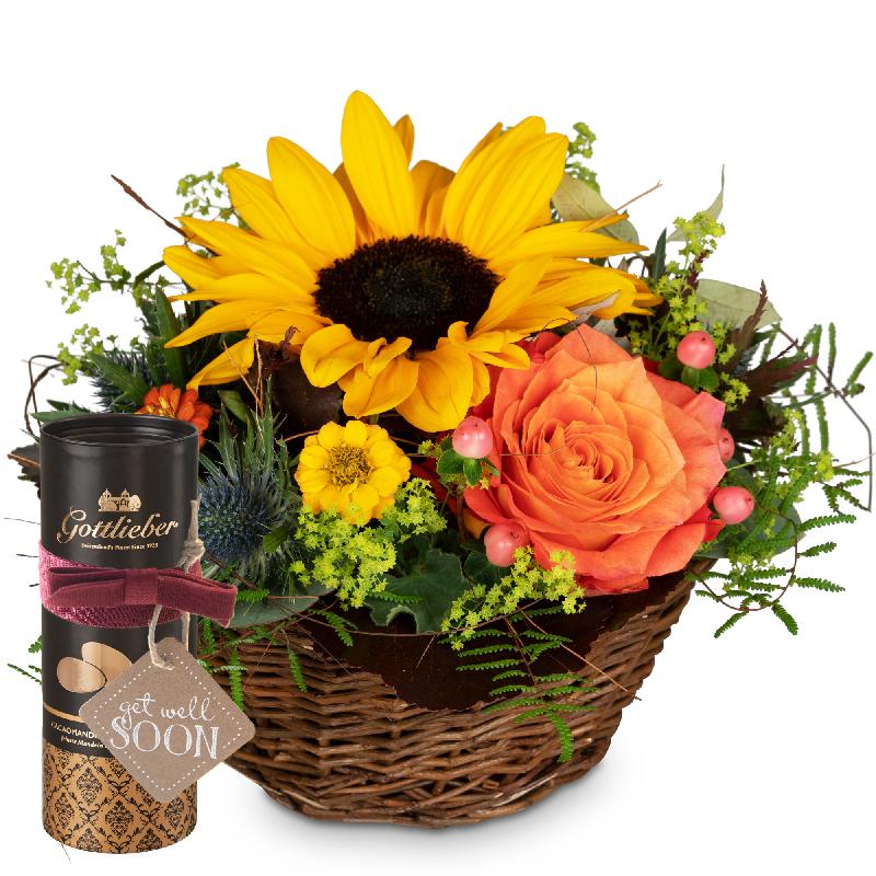 Bouquet de fleurs Sunny Kiss with Gottlieber cocoa almonds and hanging gift ta