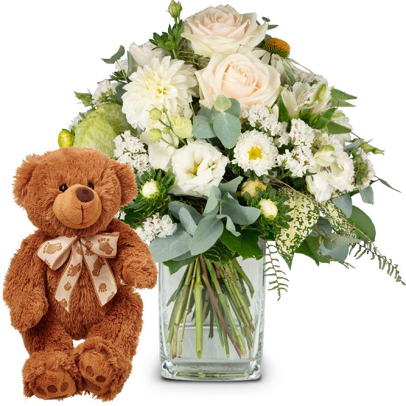 Bouquet de fleurs Summer Pearl with teddy bear (brown)
