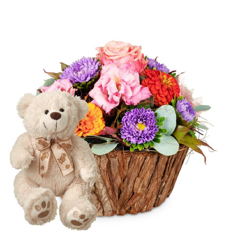 Bouquet de fleurs Cute Basket of Flowers with teddy bear (white)