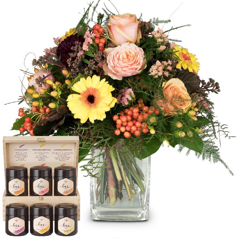 Bouquet de fleurs Indian Summer with honey gift set