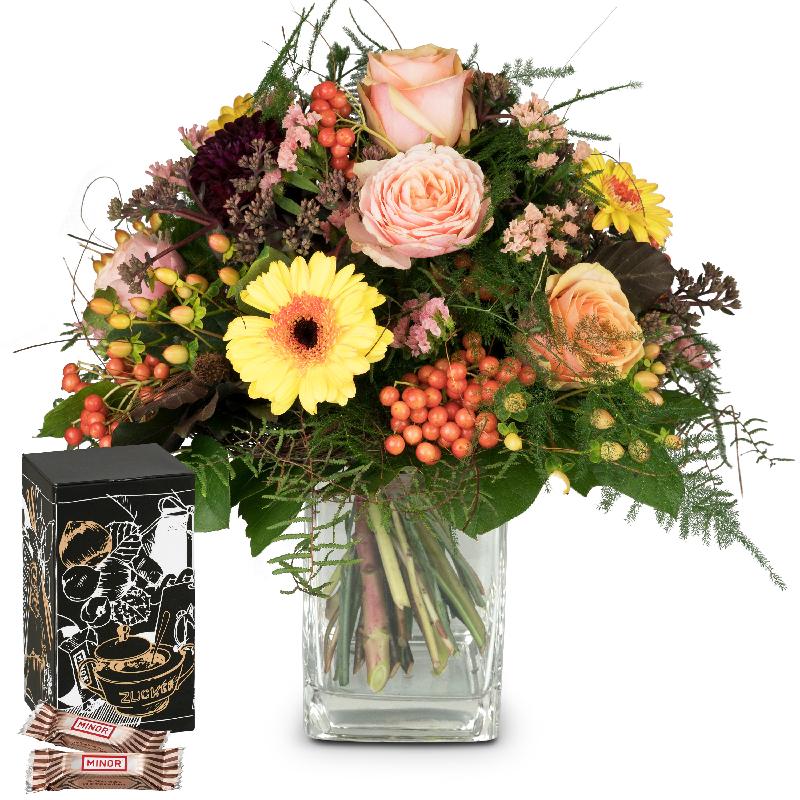 Bouquet de fleurs Indian Summer with Minor Split in trendy gift tin