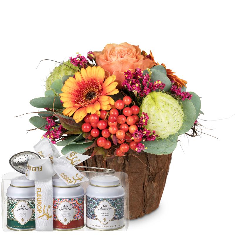 Bouquet de fleurs Happy Surprise with Gottlieber tea gift set