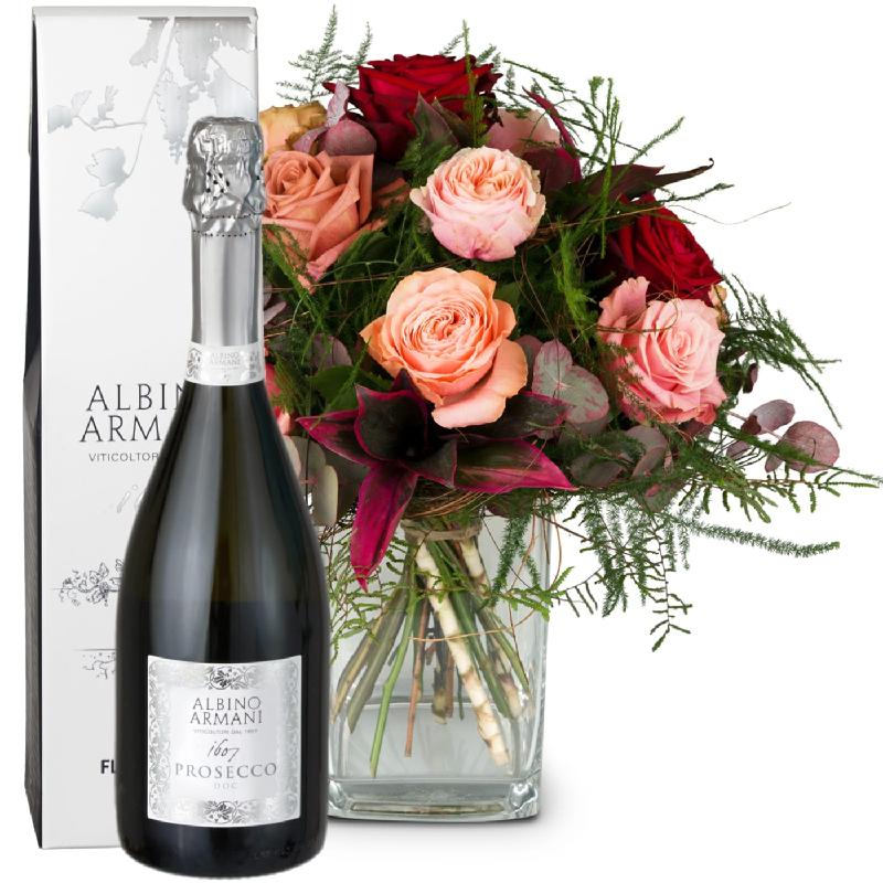 Bouquet de fleurs Romantic Roses with Prosecco Albino Armani DOC (75cl)