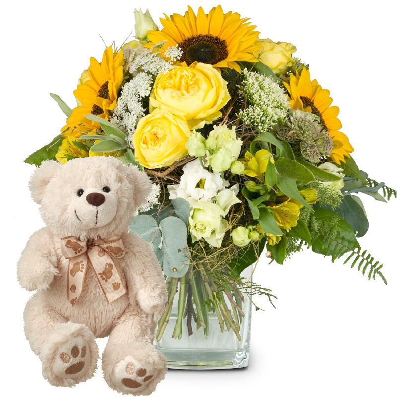 Bouquet de fleurs Summerdream with teddy bear (white)