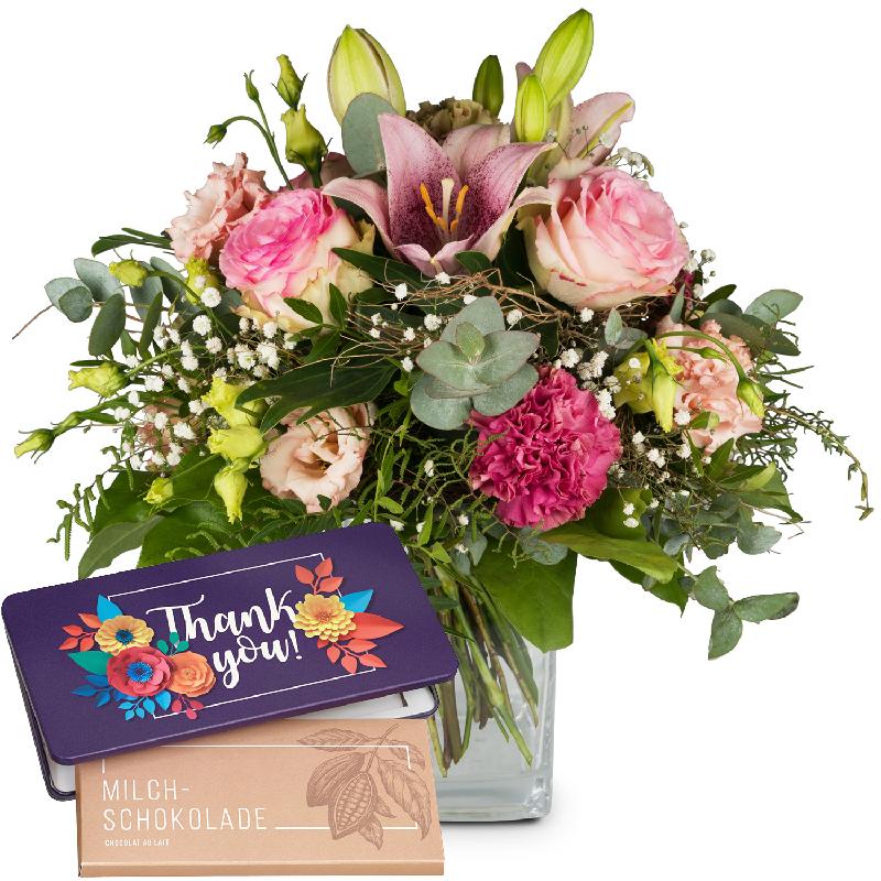 Bouquet de fleurs Lily Magic with bar of chocolate «Thank you»