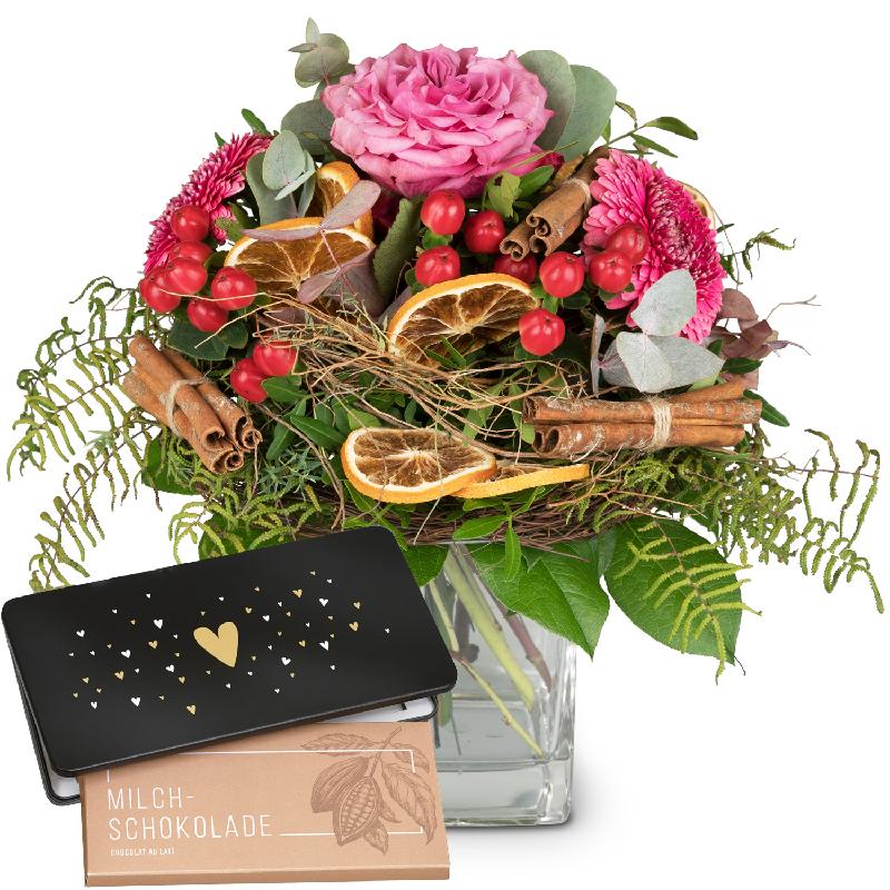 Bouquet de fleurs Happy Day with Munz bar of chocolate «Heart»