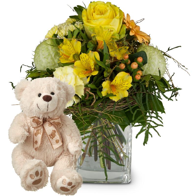 Bouquet de fleurs Happiness with teddy bear (white)