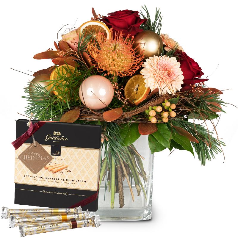 Bouquet de fleurs Christmas Gift with Gottlieber Hüppen and hanging gift tag «