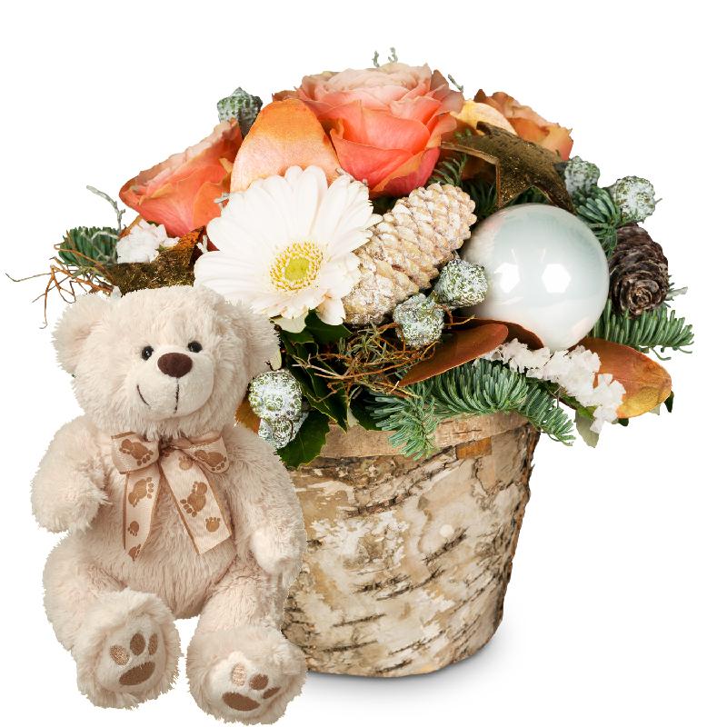 Bouquet de fleurs Romantic Christmas Gift with teddy bear (white)