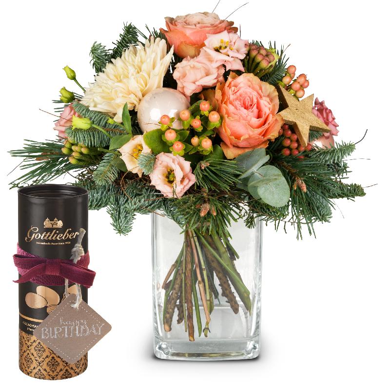 Bouquet de fleurs Shooting Star with Gottlieber cocoa almonds and hanging gift